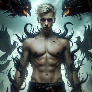 Explore AI-generated House Ravenclaw art — handsome shirtless wizards from the raven house of Hogwarts summoning massive protective ravens. Fantasy wizard school digital art.