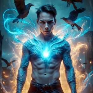 Explore AI-generated House Ravenclaw art — handsome shirtless wizards from the raven house of Hogwarts summoning massive protective ravens. Fantasy wizard school digital art.