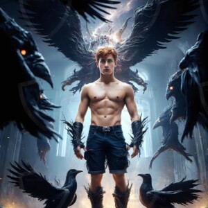Explore AI-generated House Ravenclaw art — handsome shirtless wizards from the raven house of Hogwarts summoning massive protective ravens. Fantasy wizard school digital art.