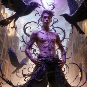 Explore AI-generated House Ravenclaw art — handsome shirtless wizards from the raven house of Hogwarts summoning massive protective ravens. Fantasy wizard school digital art.
