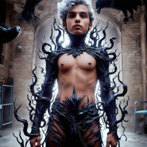 Explore AI-generated House Ravenclaw art — handsome shirtless wizards from the raven house of Hogwarts summoning massive protective ravens. Fantasy wizard school digital art.