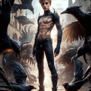 Explore AI-generated House Ravenclaw art — handsome shirtless wizards from the raven house of Hogwarts summoning massive protective ravens. Fantasy wizard school digital art.
