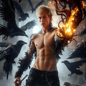 Explore AI-generated House Ravenclaw art — handsome shirtless wizards from the raven house of Hogwarts summoning massive protective ravens. Fantasy wizard school digital art.