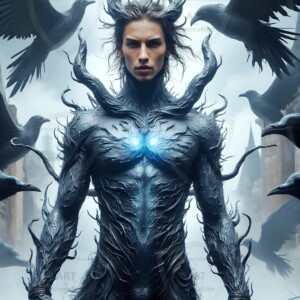 Explore AI-generated House Ravenclaw art — handsome shirtless wizards from the raven house of Hogwarts summoning massive protective ravens. Fantasy wizard school digital art.