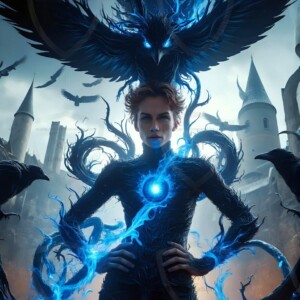 Explore AI-generated House Ravenclaw art — handsome shirtless wizards from the raven house of Hogwarts summoning massive protective ravens. Fantasy wizard school digital art.