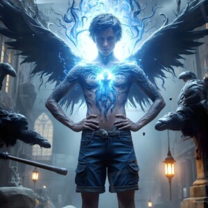 Explore AI-generated House Ravenclaw art — handsome shirtless wizards from the raven house of Hogwarts summoning massive protective ravens. Fantasy wizard school digital art.