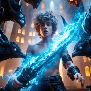 Explore AI-generated House Ravenclaw art — handsome shirtless wizards from the raven house of Hogwarts summoning massive protective ravens. Fantasy wizard school digital art.