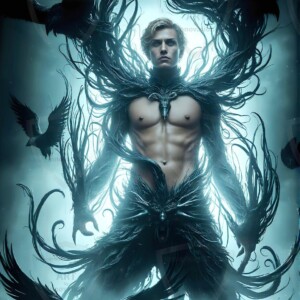 Explore AI-generated House Ravenclaw art — handsome shirtless wizards from the raven house of Hogwarts summoning massive protective ravens. Fantasy wizard school digital art.