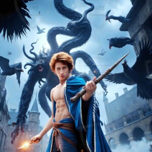 Explore AI-generated House Ravenclaw art — handsome shirtless wizards from the raven house of Hogwarts summoning massive protective ravens. Fantasy wizard school digital art.