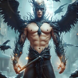 Explore AI-generated House Ravenclaw art — handsome shirtless wizards from the raven house of Hogwarts summoning massive protective ravens. Fantasy wizard school digital art.