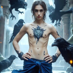 Explore AI-generated House Ravenclaw art — handsome shirtless wizards from the raven house of Hogwarts summoning massive protective ravens. Fantasy wizard school digital art.