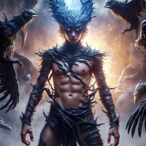 Explore AI-generated House Ravenclaw art — handsome shirtless wizards from the raven house of Hogwarts summoning massive protective ravens. Fantasy wizard school digital art.