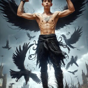 Explore AI-generated House Ravenclaw art — handsome shirtless wizards from the raven house of Hogwarts summoning massive protective ravens. Fantasy wizard school digital art.