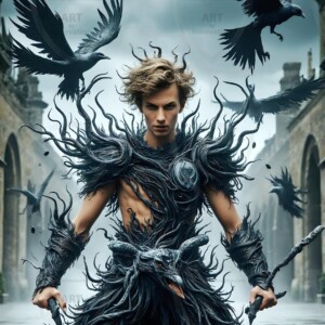 Explore AI-generated House Ravenclaw art — handsome shirtless wizards from the raven house of Hogwarts summoning massive protective ravens. Fantasy wizard school digital art.