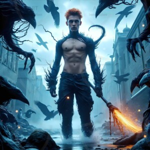 Explore AI-generated House Ravenclaw art — handsome shirtless wizards from the raven house of Hogwarts summoning massive protective ravens. Fantasy wizard school digital art.