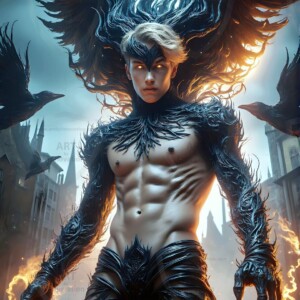 Explore AI-generated House Ravenclaw art — handsome shirtless wizards from the raven house of Hogwarts summoning massive protective ravens. Fantasy wizard school digital art.