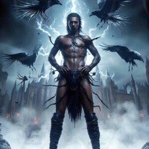 Explore AI-generated House Ravenclaw art — handsome shirtless wizards from the raven house of Hogwarts summoning massive protective ravens. Fantasy wizard school digital art.