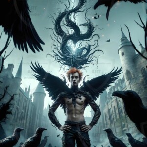 Explore AI-generated House Ravenclaw art — handsome shirtless wizards from the raven house of Hogwarts summoning massive protective ravens. Fantasy wizard school digital art.