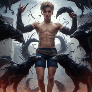 Explore AI-generated House Ravenclaw art — handsome shirtless wizards from the raven house of Hogwarts summoning massive protective ravens. Fantasy wizard school digital art.