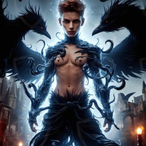 Explore AI-generated House Ravenclaw art — handsome shirtless wizards from the raven house of Hogwarts summoning massive protective ravens. Fantasy wizard school digital art.