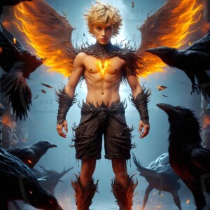 Explore AI-generated House Ravenclaw art — handsome shirtless wizards from the raven house of Hogwarts summoning massive protective ravens. Fantasy wizard school digital art.
