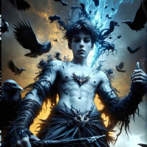 Explore AI-generated House Ravenclaw art — handsome shirtless wizards from the raven house of Hogwarts summoning massive protective ravens. Fantasy wizard school digital art.