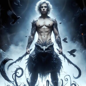 Explore AI-generated House Ravenclaw art — handsome shirtless wizards from the raven house of Hogwarts summoning massive protective ravens. Fantasy wizard school digital art.