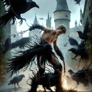 Explore AI-generated House Ravenclaw art — handsome shirtless wizards from the raven house of Hogwarts summoning massive protective ravens. Fantasy wizard school digital art.