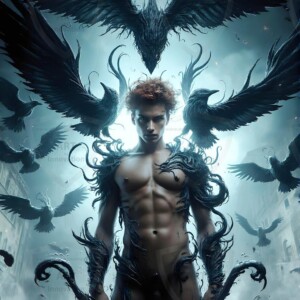 Explore AI-generated House Ravenclaw art — handsome shirtless wizards from the raven house of Hogwarts summoning massive protective ravens. Fantasy wizard school digital art.