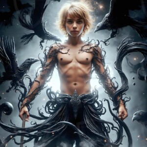 Explore AI-generated House Ravenclaw art — handsome shirtless wizards from the raven house of Hogwarts summoning massive protective ravens. Fantasy wizard school digital art.
