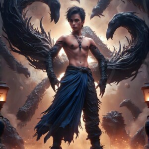 Explore AI-generated House Ravenclaw art — handsome shirtless wizards from the raven house of Hogwarts summoning massive protective ravens. Fantasy wizard school digital art.