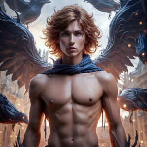 Explore AI-generated House Ravenclaw art — handsome shirtless wizards from the raven house of Hogwarts summoning massive protective ravens. Fantasy wizard school digital art.