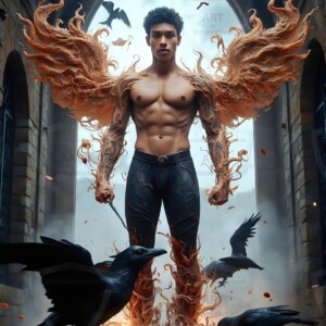 Explore AI-generated House Ravenclaw art — handsome shirtless wizards from the raven house of Hogwarts summoning massive protective ravens. Fantasy wizard school digital art.