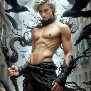 Explore AI-generated House Ravenclaw art — handsome shirtless wizards from the raven house of Hogwarts summoning massive protective ravens. Fantasy wizard school digital art.