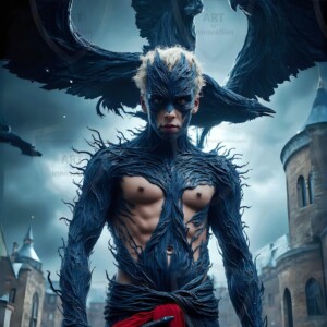 Explore AI-generated House Ravenclaw art — handsome shirtless wizards from the raven house of Hogwarts summoning massive protective ravens. Fantasy wizard school digital art.
