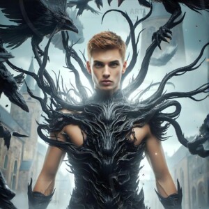 Explore AI-generated House Ravenclaw art — handsome shirtless wizards from the raven house of Hogwarts summoning massive protective ravens. Fantasy wizard school digital art.