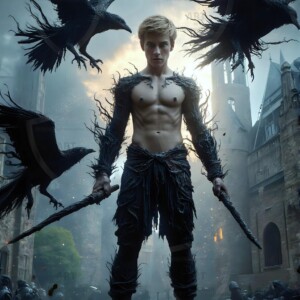 Explore AI-generated House Ravenclaw art — handsome shirtless wizards from the raven house of Hogwarts summoning massive protective ravens. Fantasy wizard school digital art.