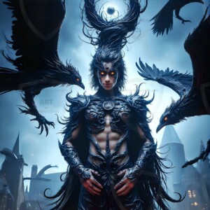 Explore AI-generated House Ravenclaw art — handsome shirtless wizards from the raven house of Hogwarts summoning massive protective ravens. Fantasy wizard school digital art.