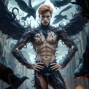 Explore AI-generated House Ravenclaw art — handsome shirtless wizards from the raven house of Hogwarts summoning massive protective ravens. Fantasy wizard school digital art.
