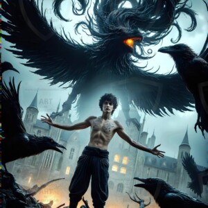 Explore AI-generated House Ravenclaw art — handsome shirtless wizards from the raven house of Hogwarts summoning massive protective ravens. Fantasy wizard school digital art.
