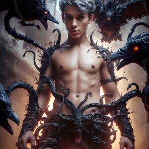 Explore AI-generated House Ravenclaw art — handsome shirtless wizards from the raven house of Hogwarts summoning massive protective ravens. Fantasy wizard school digital art.