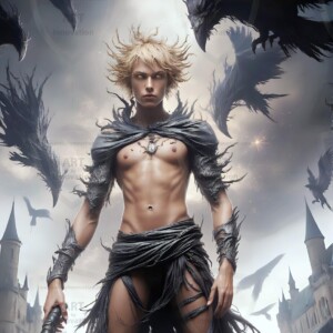 Explore AI-generated House Ravenclaw art — handsome shirtless wizards from the raven house of Hogwarts summoning massive protective ravens. Fantasy wizard school digital art.