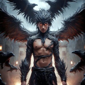 Explore AI-generated House Ravenclaw art — handsome shirtless wizards from the raven house of Hogwarts summoning massive protective ravens. Fantasy wizard school digital art.
