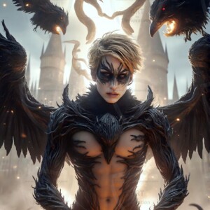 Explore AI-generated House Ravenclaw art — handsome shirtless wizards from the raven house of Hogwarts summoning massive protective ravens. Fantasy wizard school digital art.
