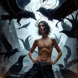 Explore AI-generated House Ravenclaw art — handsome shirtless wizards from the raven house of Hogwarts summoning massive protective ravens. Fantasy wizard school digital art.