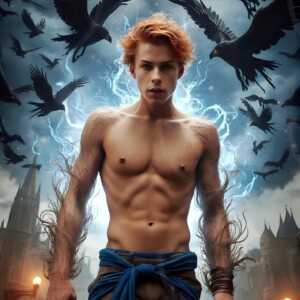 Explore AI-generated House Ravenclaw art — handsome shirtless wizards from the raven house of Hogwarts summoning massive protective ravens. Fantasy wizard school digital art.