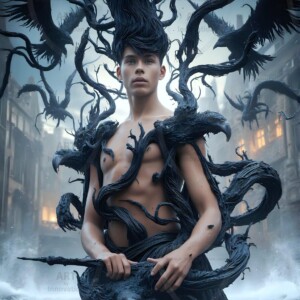 Explore AI-generated House Ravenclaw art — handsome shirtless wizards from the raven house of Hogwarts summoning massive protective ravens. Fantasy wizard school digital art.