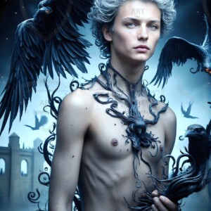 Explore AI-generated House Ravenclaw art — handsome shirtless wizards from the raven house of Hogwarts summoning massive protective ravens. Fantasy wizard school digital art.