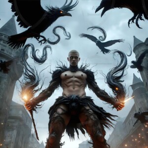 Explore AI-generated House Ravenclaw art — handsome shirtless wizards from the raven house of Hogwarts summoning massive protective ravens. Fantasy wizard school digital art.