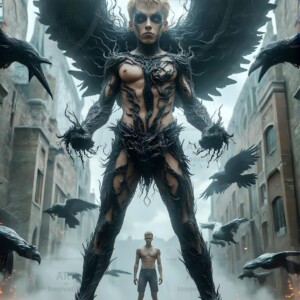 Explore AI-generated House Ravenclaw art — handsome shirtless wizards from the raven house of Hogwarts summoning massive protective ravens. Fantasy wizard school digital art.